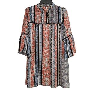 City Triangles Mini Boho Dress Red Blue Striped Tunic Bell Sleeves Floral‎ Med